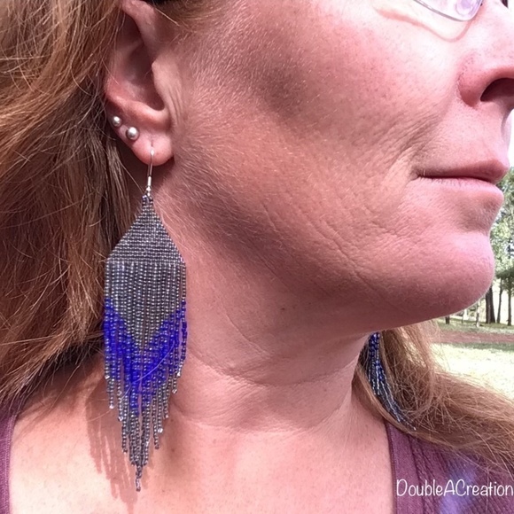 𝅺RAINBOW Gunmetal and Navy Beaded Earrings with Fringe - Picture 10 of 10